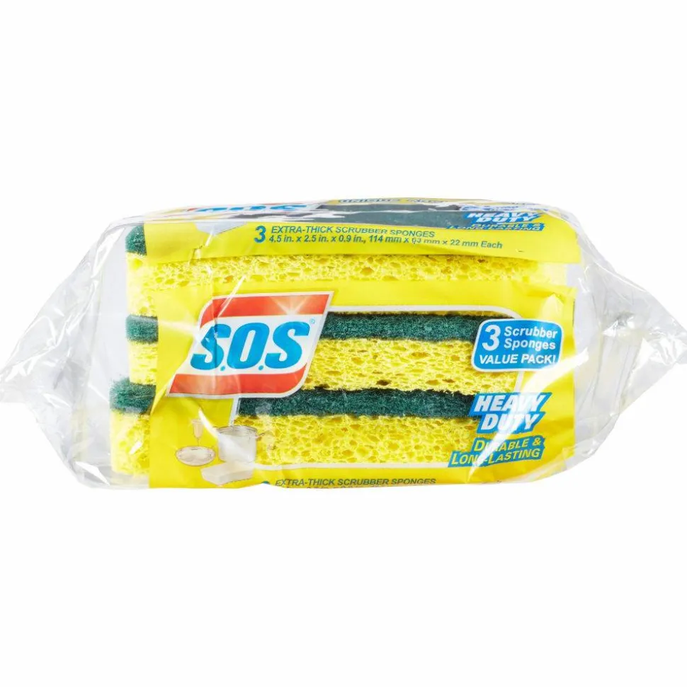 S.O.S Heavy Duty Scrubber Sponge 4.5" Height x 2.5" Width x 900 mil Thickness 8/Carton Scrim Yellow, Green