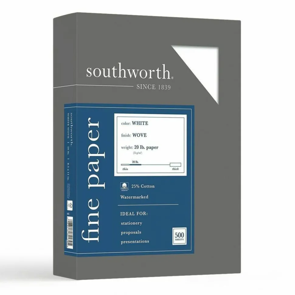 Southworth 25% Cotton Business Paper, 8 1/2" x 11", 20 Lb, White, Box Of 500