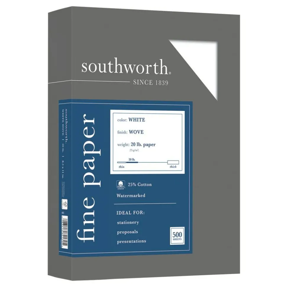 Southworth 25% Cotton Business Paper, 8 1/2" x 11", 20 Lb, White, Box Of 500