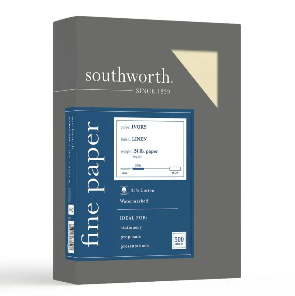 Southworth 25% Cotton Linen Business Paper, Ivory, Letter (8.5" x 11"), 500 Sheets Per Ream, 24 Lb, 94 Brightness