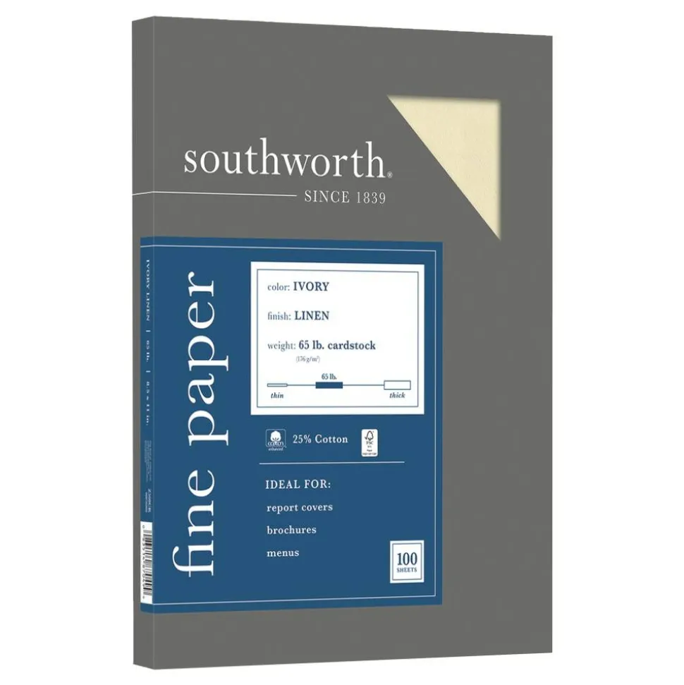 Southworth 25% Cotton Linen Cover Stock, 8 1/2" x 11", 65 Lb, Ivory, Pack Of 100