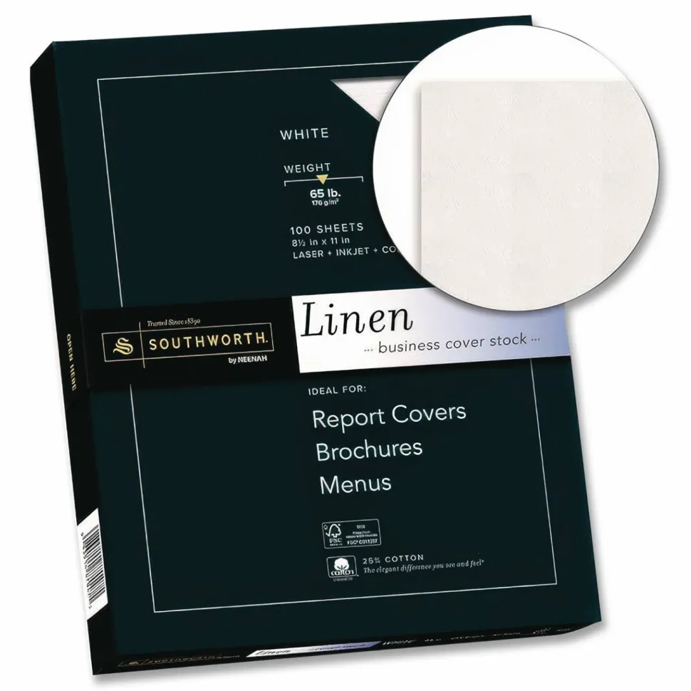 Southworth 25% Cotton Linen Cover Stock, 8 1/2" x 11", 65 Lb, Ivory, Pack Of 100