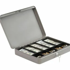 Sparco All-Steel Key Lock Cash Box With Tray, 10 Compartments, 2" x 10 1/2" x 15", Gray