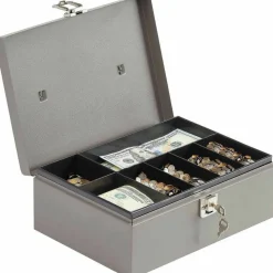 Sparco All-Steel Latch Lock Cash Box With Tray, 7 Compartments, 4" x 11" x 7 3/4", Gray