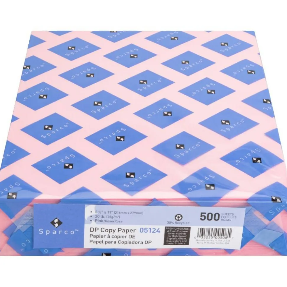 Sparco Color Multi-Use Printer & Copy Paper, Pink, Letter (8.5" x 11"), 500 Sheets Per Ream, 20 Lb, 90 Brightness, 30% Recycled