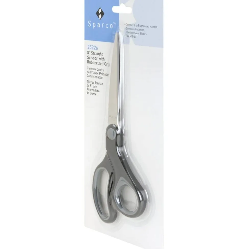 Sparco Rubber Handle Scissors, 8", Pointed, Black/Gray