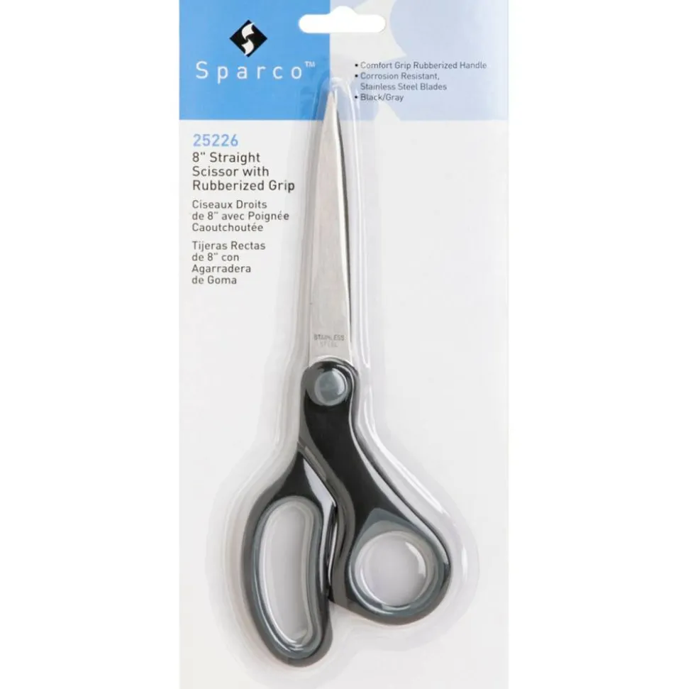 Sparco Rubber Handle Scissors, 8", Pointed, Black/Gray
