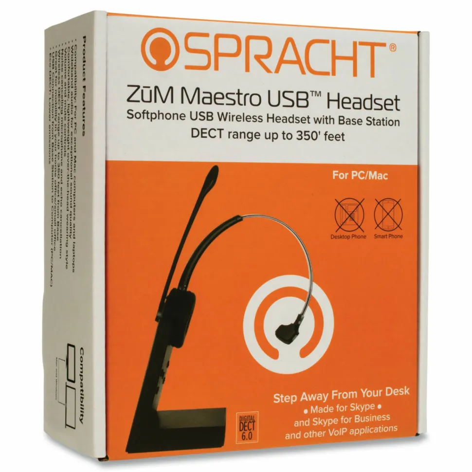 SprachtZUM Maestro Wireless DECT 6.0 Monoaural Over-the-Head USB Headset, Black