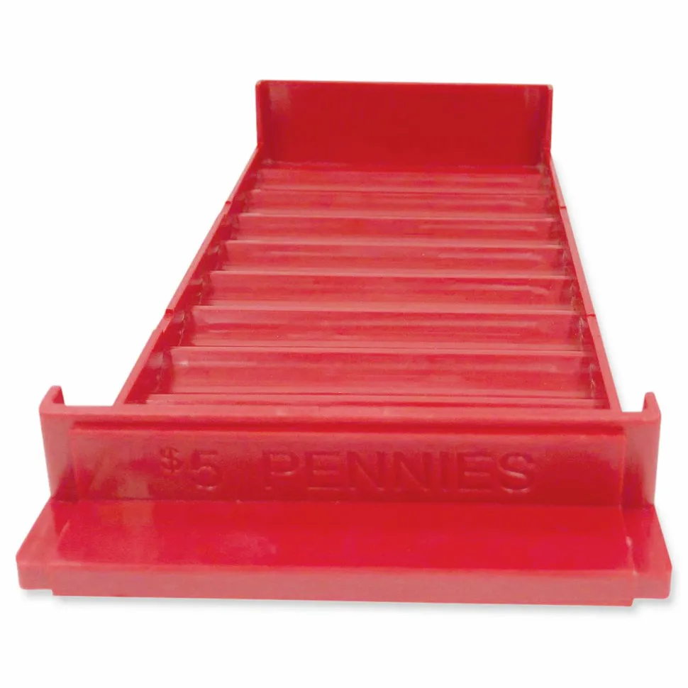 Stackable Plastic Coin Tray, Accommodates $5 in Pennies, 3.75" x 11.5" x 1.5", Red, 4/Pack