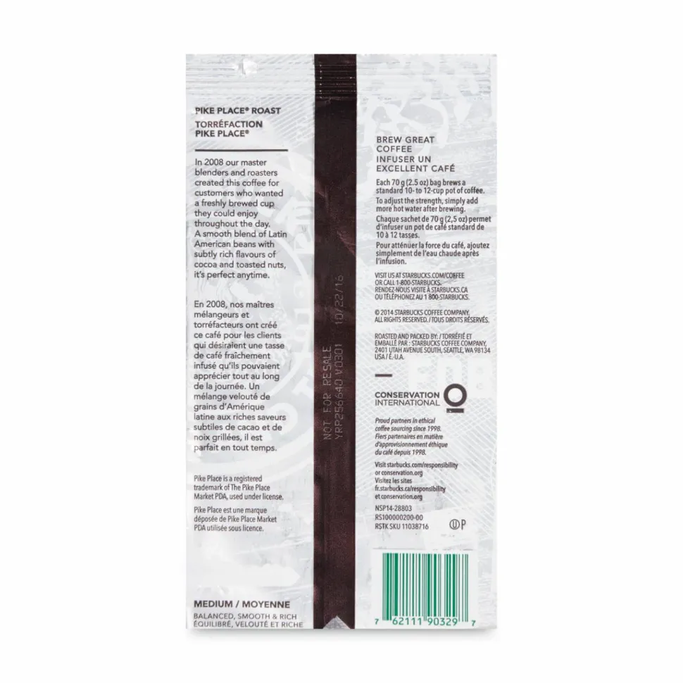 Starbucks Ground Coffee Packets, Pike Place, Medium Roast, 2.5 oz, 18 Packets