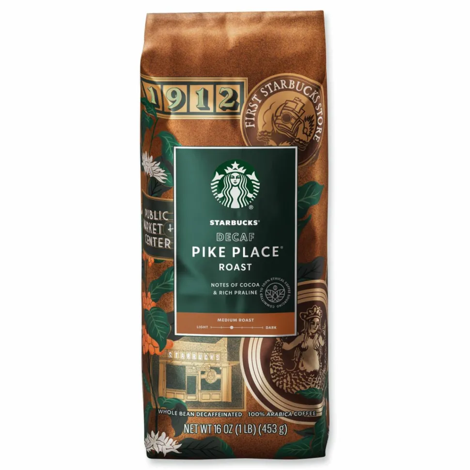 Starbucks Whole Bean Coffee, Decaffeinated, Pike Place, 1 lb, Bag, 6/Carton