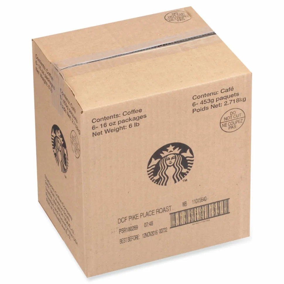 Starbucks Whole Bean Coffee, Decaffeinated, Pike Place, 1 lb, Bag, 6/Carton