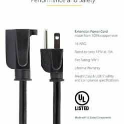 StarTech 20ft (6m) Power Extension Cord, NEMA5-15R to NEMA5-15P Black Extension Cord, 13A 125V, 16AWG, Computer Power Extension Cable