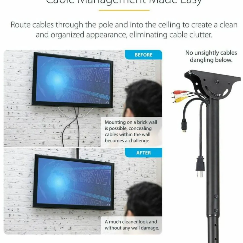 StarTech.com Ceiling TV Mount For 32" to 75" TVs, 1.8' to 3' Short Pole