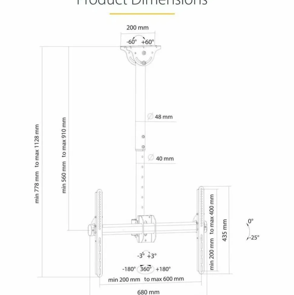 StarTech.com Ceiling TV Mount For 32" to 75" TVs, 1.8' to 3' Short Pole