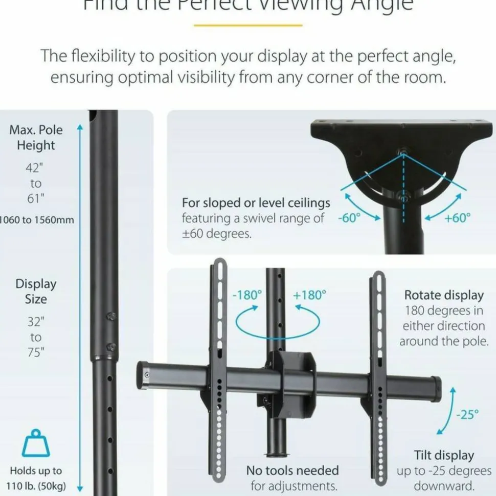 StarTech.com Ceiling TV Mount For 32 to 75" TVs, 3.5' to 5' Pole
