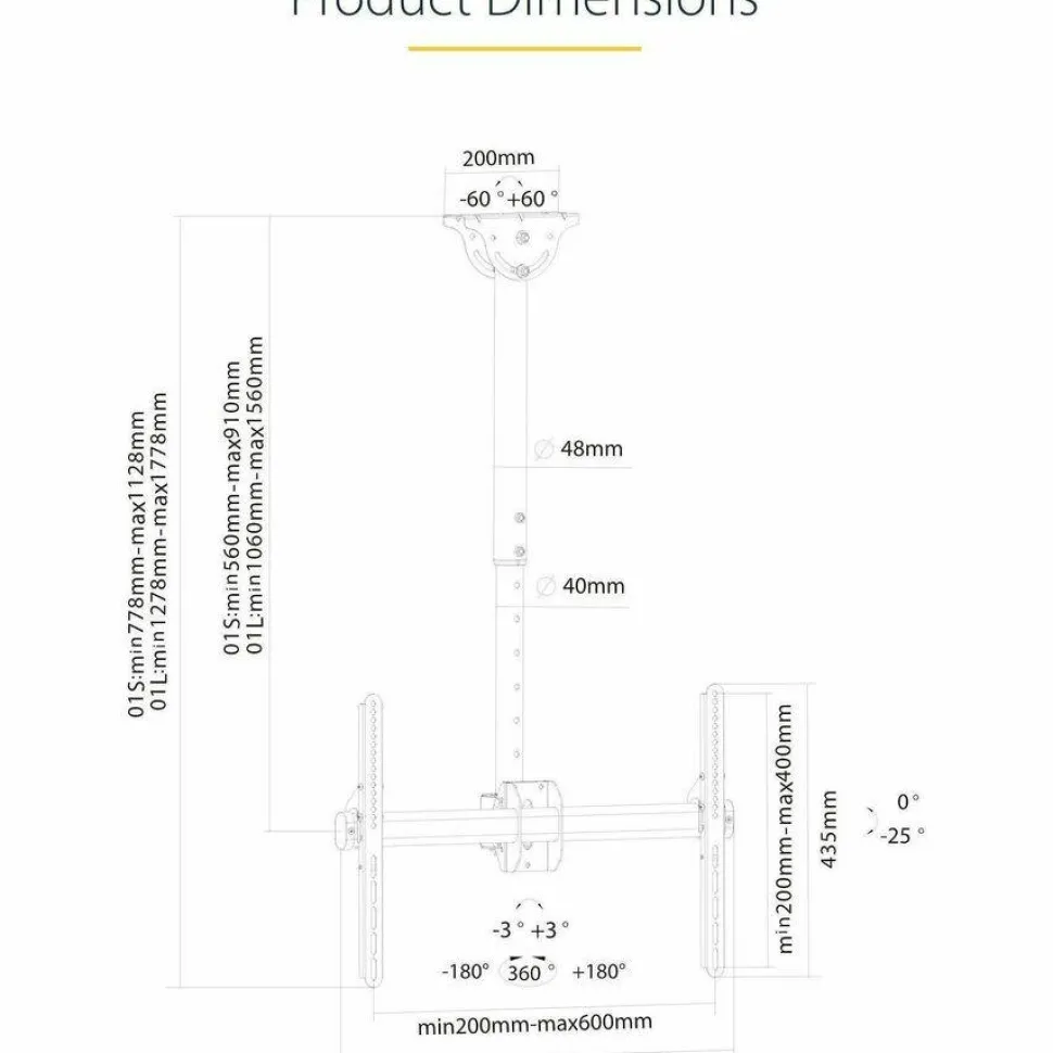 StarTech.com Ceiling TV Mount For 32 to 75" TVs, 3.5' to 5' Pole