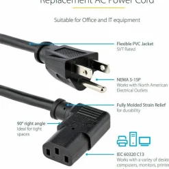 StarTech.com 3 ft Computer Power Cord - NEMA 5-15P to Right-Angle C13 - 18AWG