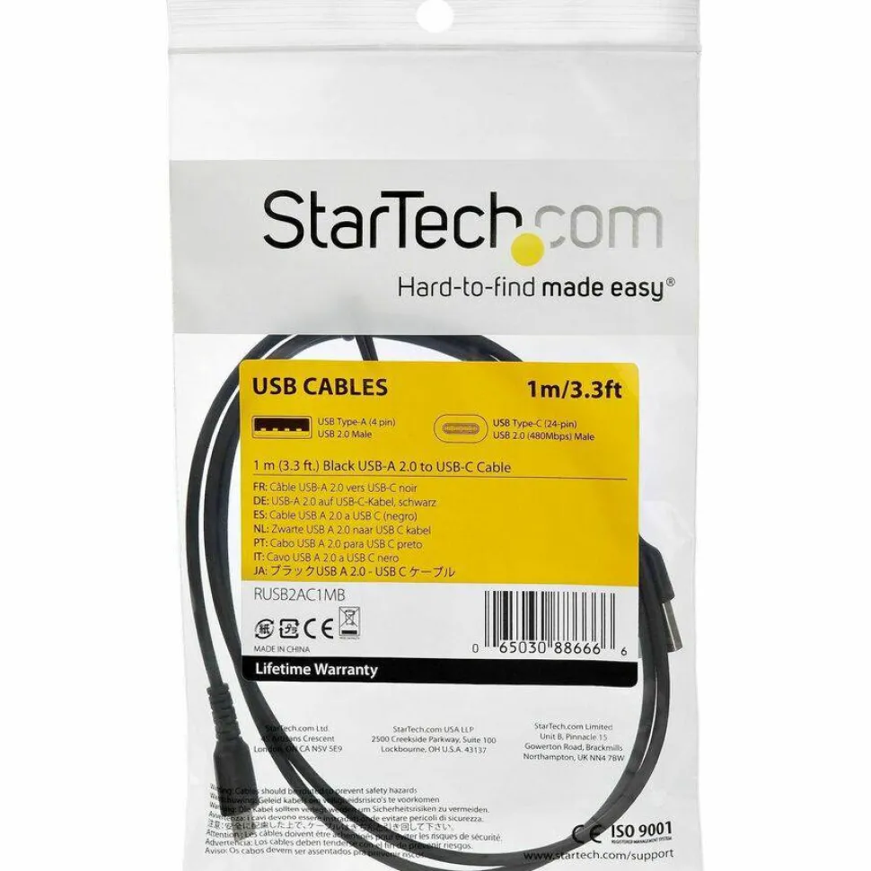 StarTech.com 1 m / 3.3 ft USB C Cable - Hight Quality USB 2.0 Type C Cable - Black - Durable USB Charging Cable (RUSB2CC1MB)