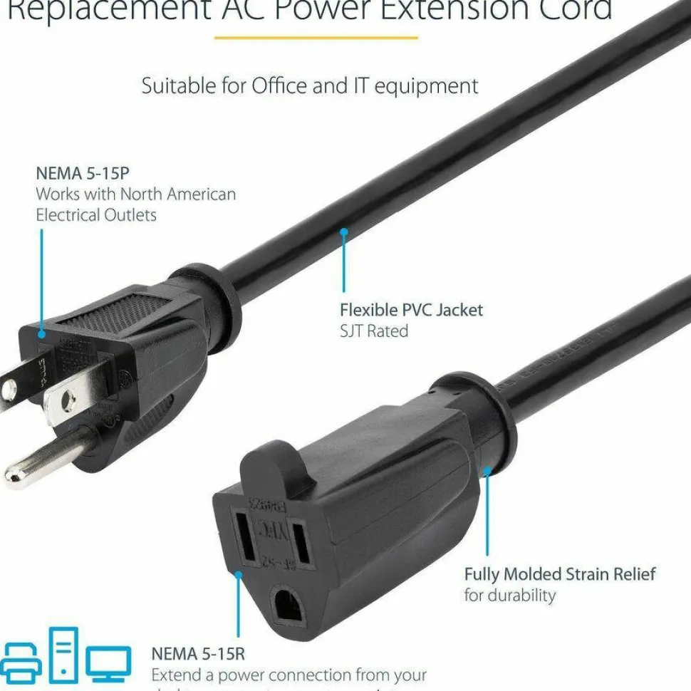 StarTech.com Power Extension Cable - 125V AC - 15A - 6ft - Black - Extend your power cord by 6ft - 6ft - PAC1016