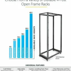 StarTech.com 42U Adjustable Depth Open Frame 4 Post Server Rack Cabinet - Flat Pack w/ Casters, Levelers and Cable Management Hooks - 4POSTRACK42