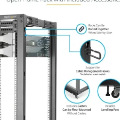 StarTech.com 42U Adjustable Depth Open Frame 4 Post Server Rack Cabinet - Flat Pack w/ Casters, Levelers and Cable Management Hooks - 4POSTRACK42