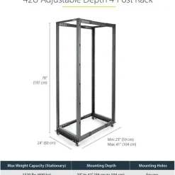 StarTech.com 42U Adjustable Depth Open Frame 4 Post Server Rack Cabinet - Flat Pack w/ Casters, Levelers and Cable Management Hooks - 4POSTRACK42