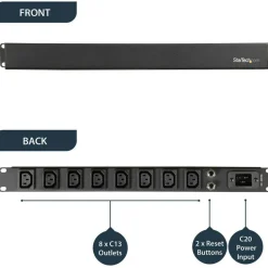 StarTech.com 1U 19" 8 Port Rack Mount PDU, IEC C13 Socket Rackmount Power Supply/ Strip, Horizontal Server Rack Surge Protector 16A 240V
