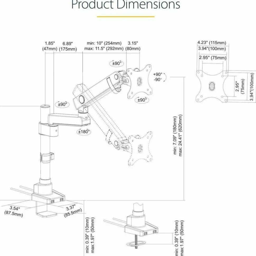 StarTech Desk Mount Monitor Arm with 2x USB 3.0 ports for VESA Display up to 34" (17.6lb/8kg), C-Clamp/Grommet, Mechanical Spring