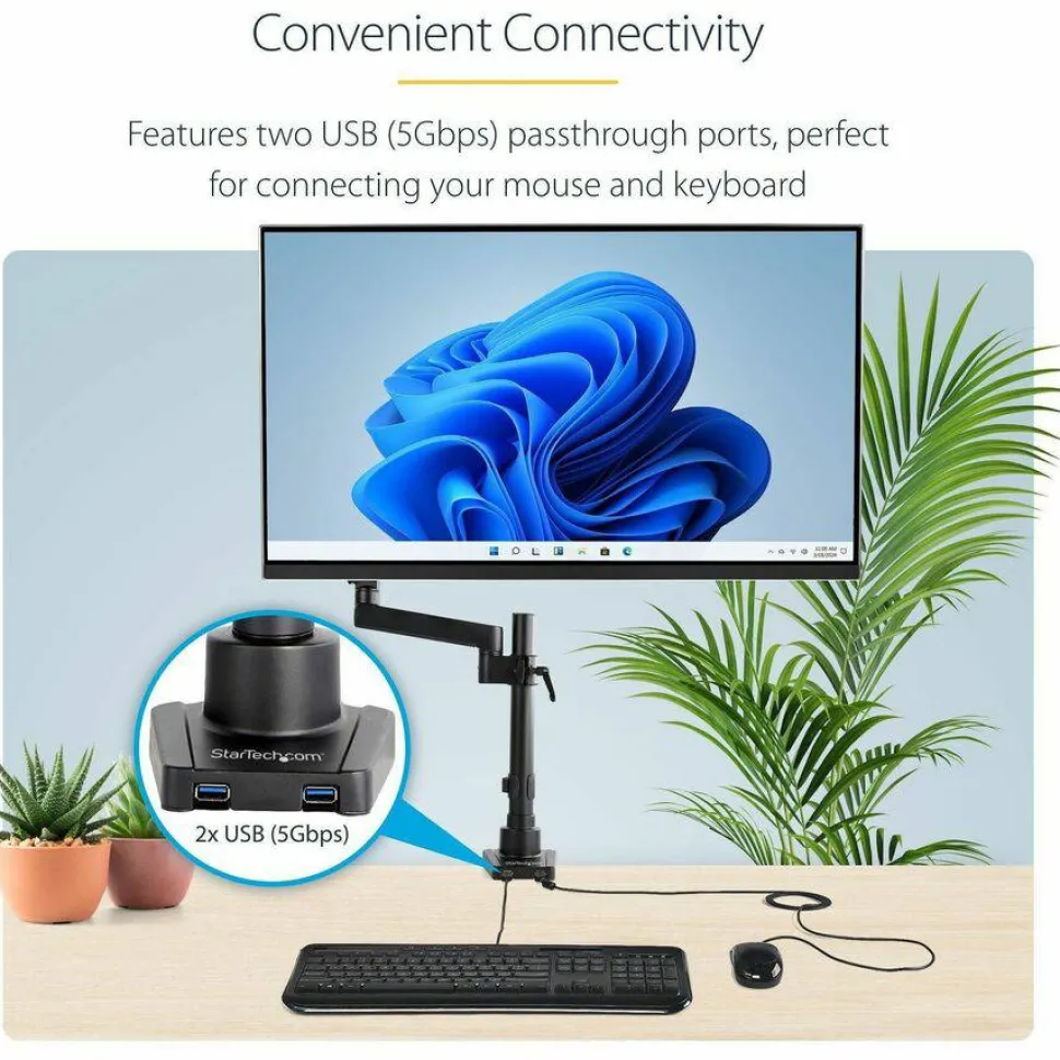 StarTech Desk Mount Monitor Arm with 2x USB 3.0 ports for VESA Display up to 34" (17.6lb/8kg), C-Clamp/Grommet, Mechanical Spring