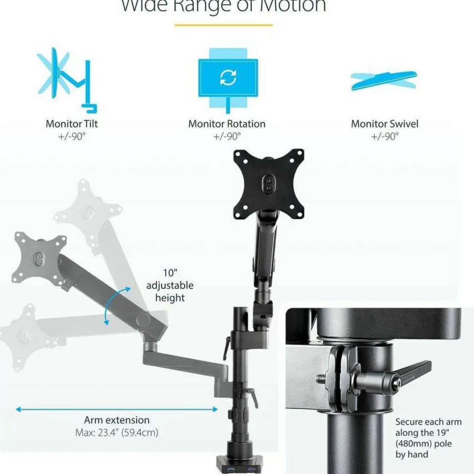 StarTech Desk Mount Monitor Arm with 2x USB 3.0 ports for VESA Display up to 34" (17.6lb/8kg), C-Clamp/Grommet, Mechanical Spring
