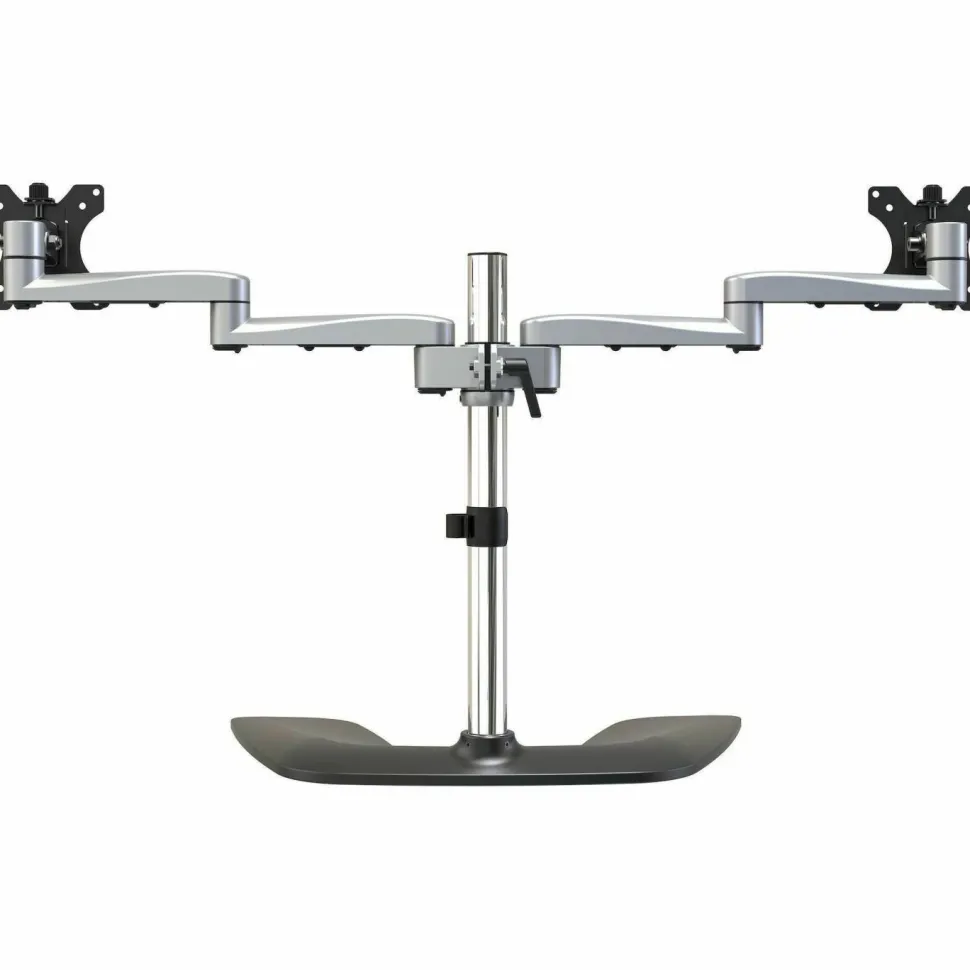 StarTech Dual Monitor Stand, Ergonomic Desktop Monitor Stand for up to 32"(17.6lb/8kg) VESA Displays, Free-Standing Adjustable, Silver