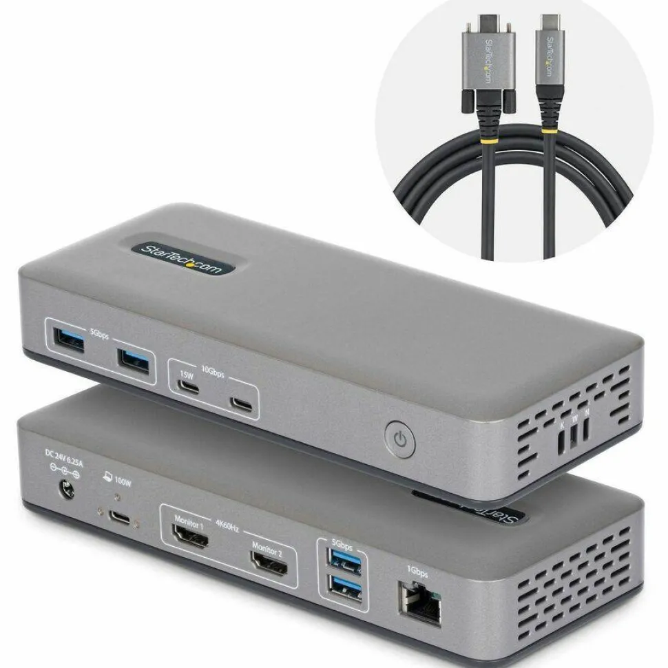 StarTech Dual-Monitor USB-C Docking Station, HDMI, 4K 60Hz, 100W Laptop Charging, 1GbE, Driverless, Multi-Monitor Dock