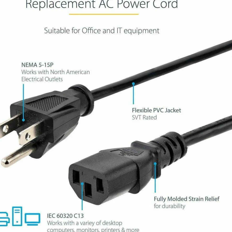 StarTech 1ft (30cm) Computer Power Cord, NEMA 5-15P to C13, 10A 125V 18AWG, Black Replacement AC PC Power Cord, TV/Monitor Power Cable