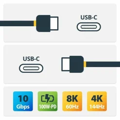 StarTech 1.6ft (50cm) USB-C Cable, USB 10Gbps, 100W (5A) Power Delivery, 8K 60Hz / 4K 144Hz DP Alt Mode, Thunderbolt Compatible