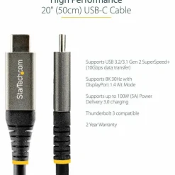 StarTech 1.6ft (50cm) USB-C Cable, USB 10Gbps, 100W (5A) Power Delivery, 8K 60Hz / 4K 144Hz DP Alt Mode, Thunderbolt Compatible