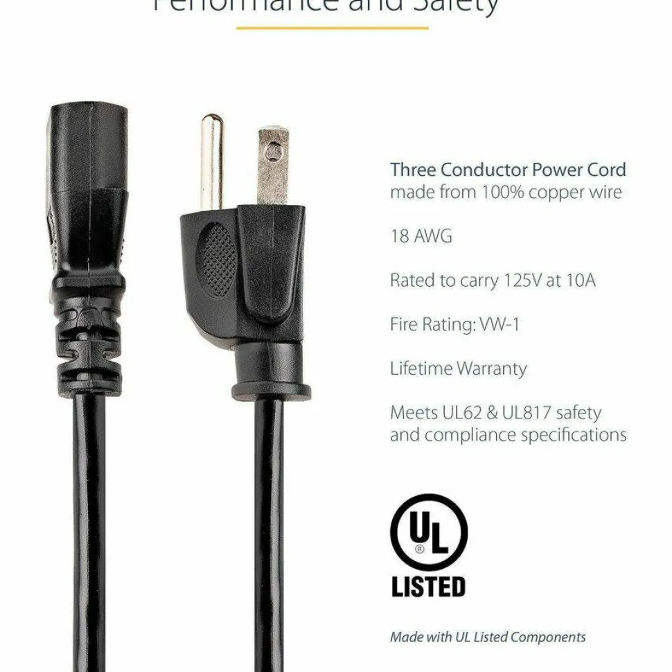 StarTech 3ft (1m) Computer Power Cord, NEMA 5-15P to C13, 10A 125V, 18AWG, Black Replacement AC PC Power Cord, TV/Monitor Power Cable
