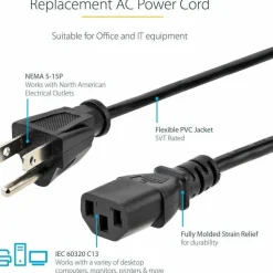 StarTech 3ft (1m) Computer Power Cord, NEMA 5-15P to C13, 10A 125V, 18AWG, Black Replacement AC PC Power Cord, TV/Monitor Power Cable