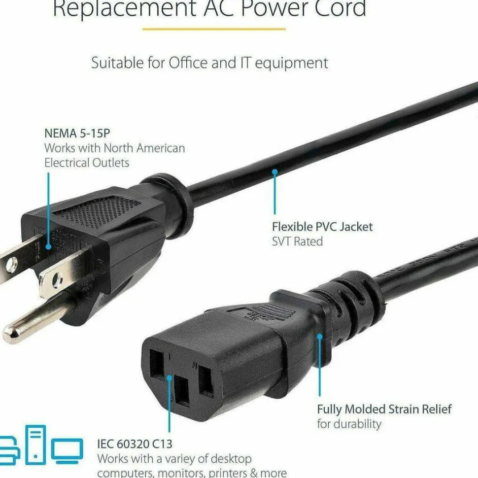 StarTech 10ft (3m) Computer Power Cord, NEMA 5-15P to C13, 10A 125V, 18AWG, Black Replacement AC PC Power Cord, TV/Monitor Power Cable