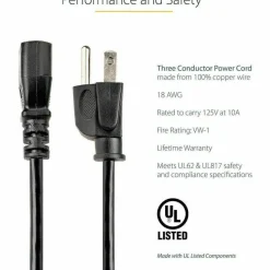 StarTech 10ft (3m) Computer Power Cord, NEMA 5-15P to C13, 10A 125V, 18AWG, Black Replacement AC PC Power Cord, TV/Monitor Power Cable
