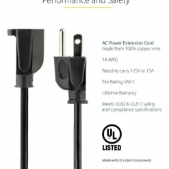 StarTech 6ft (1.8m) Heavy Duty Extension Cord, NEMA5-15R to NEMA5-15P Black Extension Cord, 15A 125V, 14AWG, Heavy Gauge Power Cable