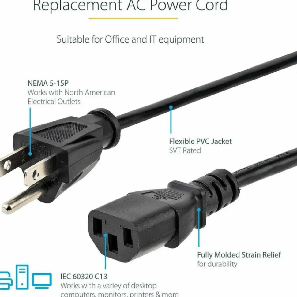 StarTech 10ft (3m) Heavy Duty Power Cord, NEMA 5-15P to C13, 15A 125V 14AWG, Replacement AC Computer Power Cord, PC Power Supply Cable