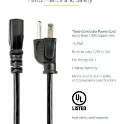 StarTech 10ft (3m) Heavy Duty Power Cord, NEMA 5-15P to C13, 15A 125V 14AWG, Replacement AC Computer Power Cord, PC Power Supply Cable