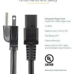 StarTech 3ft (1m) Heavy Duty Power Cord, NEMA 5-15P to C19, 15A 125V, 14AWG, Computer Power Cord, Heavy Gauge Power Cable