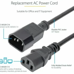 StarTech 3ft (1m) Power Extension Cord, C14 to C13, 10A 125V, 18AWG, Computer Power Cord Extension, Power Supply Extension Cable