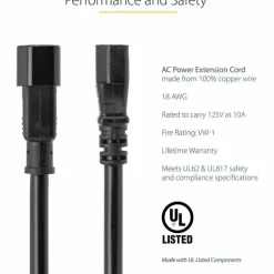 StarTech 2ft (0.6m) Power Extension Cord, C14 to C13, 10A 125V, 18AWG, Computer Power Cord Extension, Power Supply Extension Cable