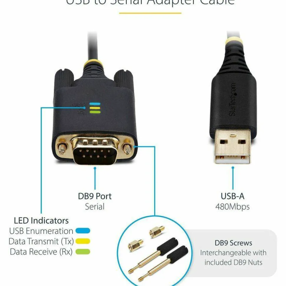 StarTech 3ft (1m) USB to Serial Adapter Cable, COM Retention, FTDI IC, DB9 RS232, Interchangeable DB9 Screws/Nuts, Windows/macOS/Linux