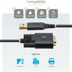 StarTech 3ft (1m) USB to Serial Adapter Cable, COM Retention, FTDI IC, DB9 RS232, Interchangeable DB9 Screws/Nuts, Windows/macOS/Linux