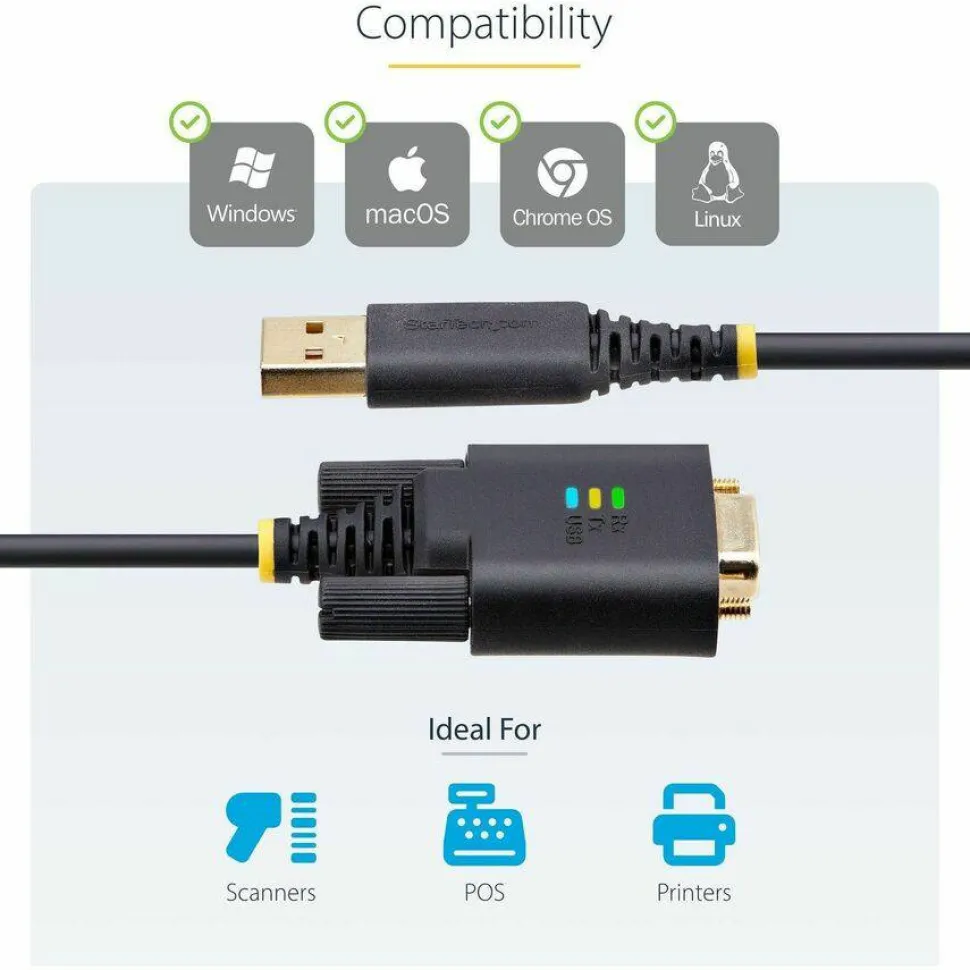 StarTech 3ft (1m) USB to Serial Adapter Cable, COM Retention, FTDI IC, DB9 RS232, Interchangeable DB9 Screws/Nuts, Windows/macOS/Linux
