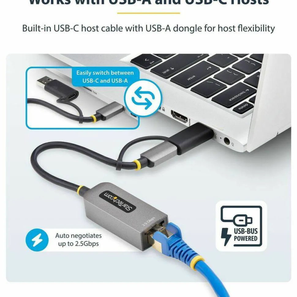 StarTech 2.5GbE USB-C to Ethernet Adapter with USB-A Converter, NBASE-T NIC, USB 3.0 Type-C 2.5/1G Multi Speed Network, USB 3.1 RJ45